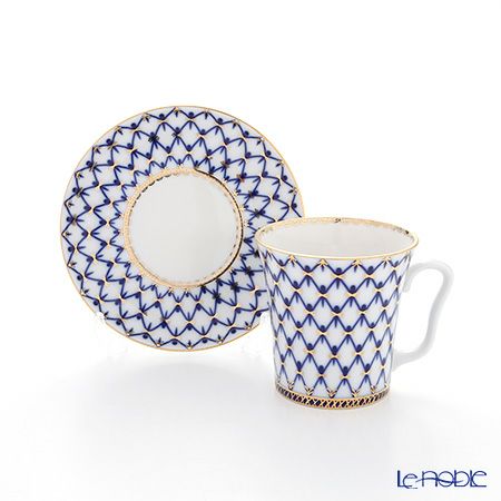 ロシア食器 インペリアル・ポーセリン コバルトネット マグ＆ソーサーセット 360ml