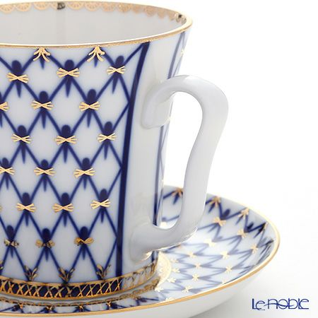 ロシア食器 インペリアル・ポーセリン コバルトネット マグ＆ソーサーセット 360ml