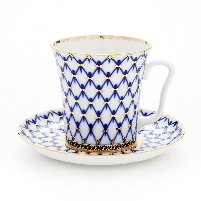 ロシア食器 インペリアル・ポーセリン コバルトネット マグ＆ソーサーセット 360ml