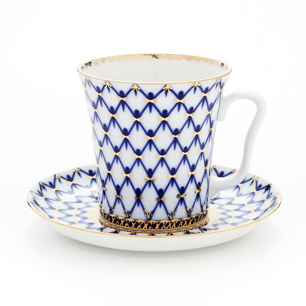 ロシア食器 インペリアル・ポーセリン コバルトネット マグ＆ソーサーセット 360ml
