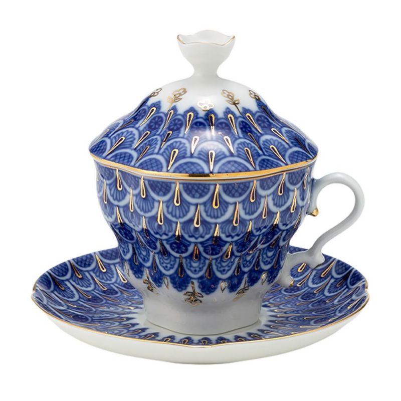 ロシア食器 インペリアル・ポーセリン 忘れな草 ティーカップ＆ソーサー 250ml（ふた付）