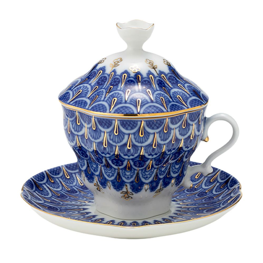 ロシア食器 インペリアル・ポーセリン 忘れな草 ティーカップ＆ソーサー 250ml（ふた付）