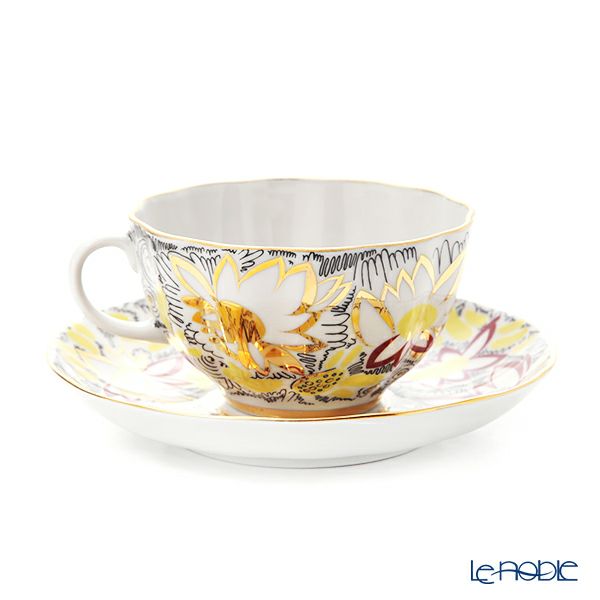 ロシア食器 インペリアル・ポーセリン ゴールデンカモミール ティーカップ＆ソーサー 250ml