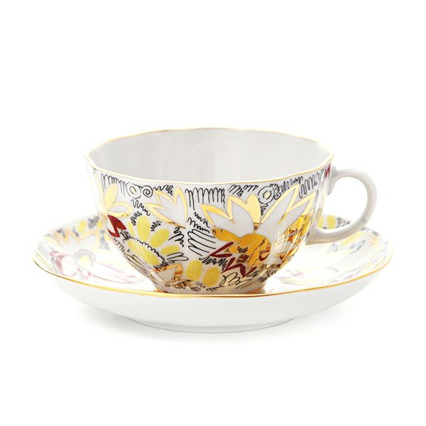 ロシア食器 インペリアル・ポーセリン ゴールデンカモミール ティーカップ＆ソーサー 250ml