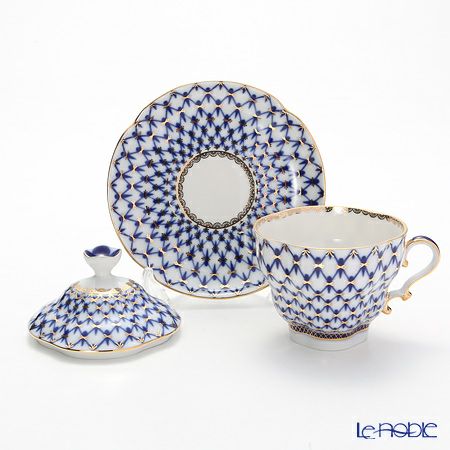 ロシア食器 インペリアル・ポーセリン コバルトネット ティーカップ＆ソーサー 250ml（ふた付）