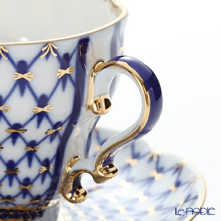 ロシア食器 インペリアル・ポーセリン コバルトネット ティーカップ＆ソーサー 250ml（ふた付）