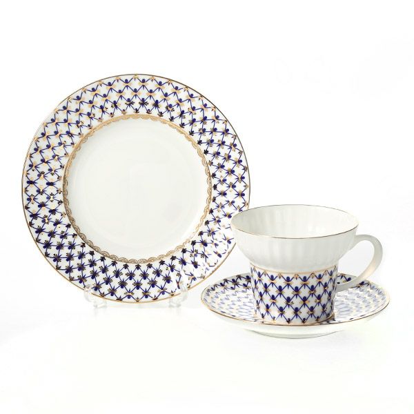 ロシア食器 インペリアル・ポーセリン コバルトネット 3ピースセット（ウエイブ） 155ml