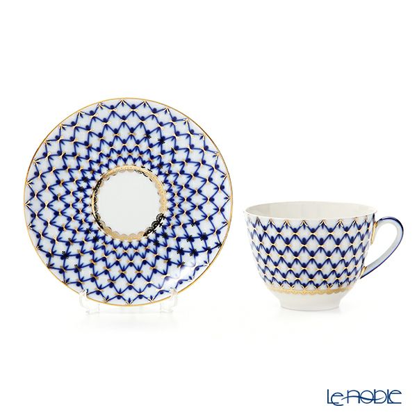 ロシア食器 インペリアル・ポーセリン コバルトネット ティーカップ＆ソーサー 250ml （スプリング）