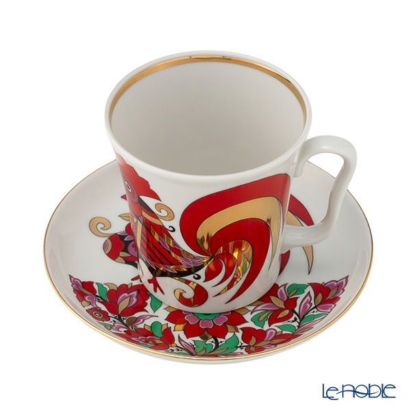 ロシア食器 インペリアル・ポーセリン レッドルースター マグ＆ソーサーセット 360ml