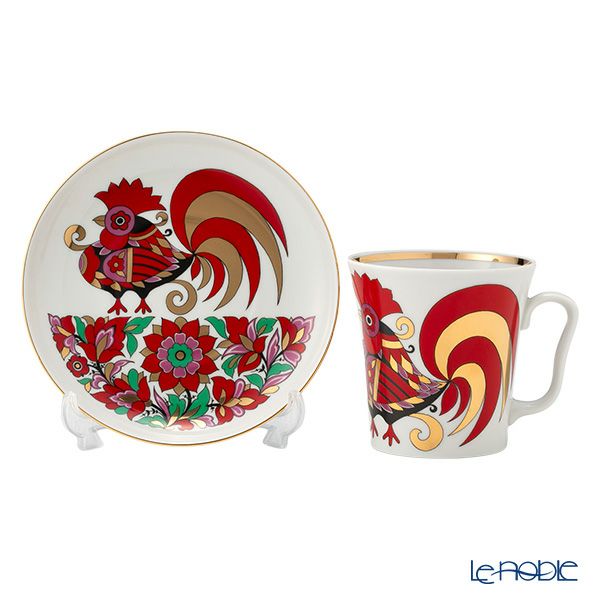 ロシア食器 インペリアル・ポーセリン レッドルースター マグ＆ソーサーセット 360ml