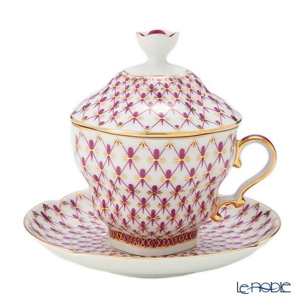 ロシア食器 インペリアル・ポーセリン ブルース（ピンクネット） ティーカップ＆ソーサー 250ml（ふた付）New
