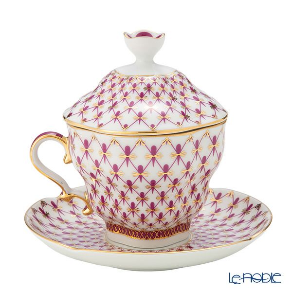 ロシア食器 インペリアル・ポーセリン ブルース（ピンクネット） ティーカップ＆ソーサー 250ml（ふた付）New