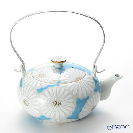 京焼・清水焼 ティーポット（石瓶） K0202 白菊青地 600ml アルミハンドル