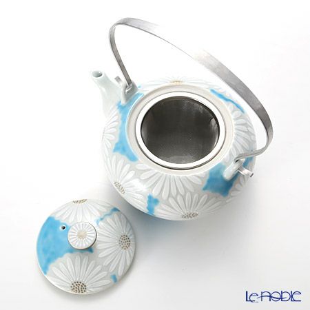 京焼・清水焼 ティーポット（石瓶） K0202 白菊青地 600ml アルミハンドル