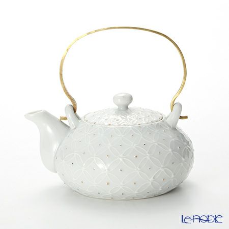 京焼・清水焼 ティーポット（石瓶） S0211 白磁金銀彩七宝紋 小250ml 真鍮ハンドル 洸春窯／高島慎一