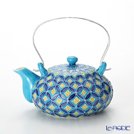 京焼・清水焼 ティーポット（石瓶） S0213 青交趾七宝 小 250ml アルミハンドル 洸春窯／高島慎一