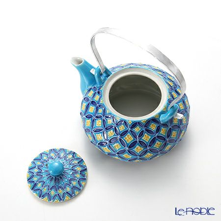 京焼・清水焼 ティーポット（石瓶） S0213 青交趾七宝 小 250ml アルミハンドル 洸春窯／高島慎一