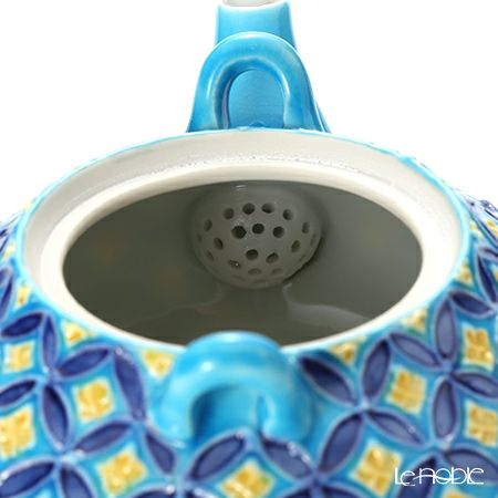 京焼・清水焼 ティーポット（石瓶） S0213 青交趾七宝 小 250ml アルミハンドル 洸春窯／高島慎一