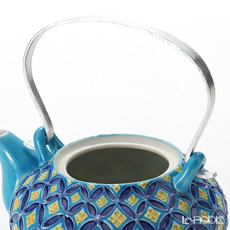 京焼・清水焼 ティーポット（石瓶） S0213 青交趾七宝 小 250ml アルミハンドル 洸春窯／高島慎一