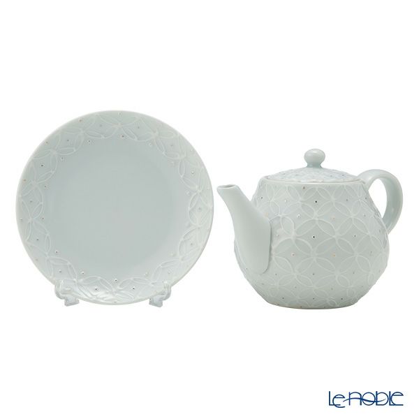 京焼・清水焼 ポット／急須 受け皿／小皿 付 白磁金銀彩七宝紋 洸春窯／高島慎一【ル・ノーブル 限定販売】