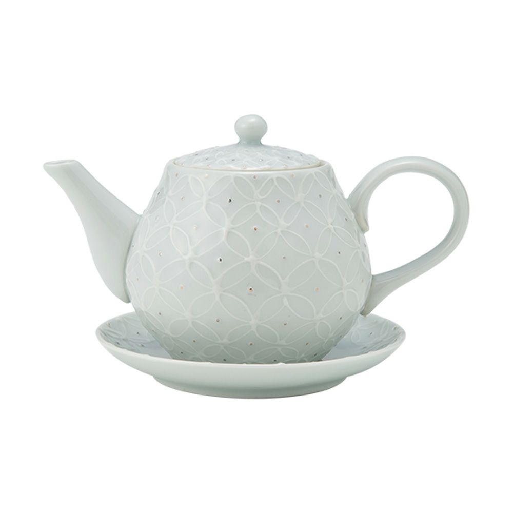 京焼・清水焼 ポット／急須 受け皿／小皿 付 白磁金銀彩七宝紋 洸春窯