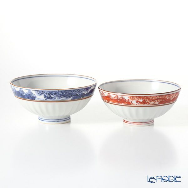京焼・清水焼 組飯碗 S0562 渕染赤山水 ペア