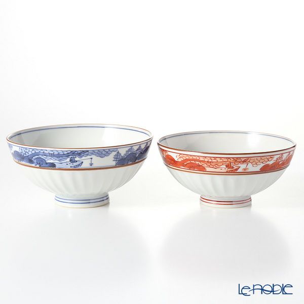 京焼・清水焼 組飯碗 S0562 渕染赤山水 ペア