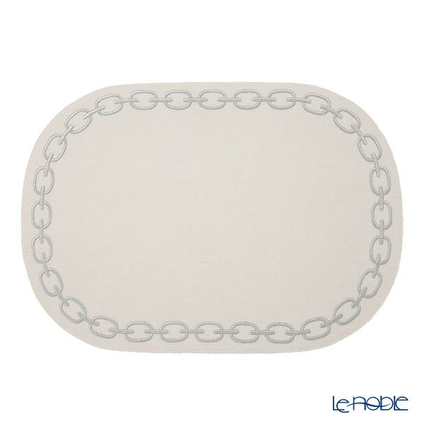 トルコ雑貨 アルテペレ チェーン プレースマット／ランチョンマット オーバル デニム調 ホワイト／グレー 刺繍ラメ入り 32×45cm PVC加工合皮製 撥水加工