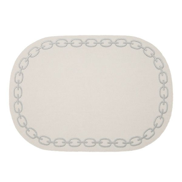 トルコ雑貨 アルテペレ チェーン プレースマット／ランチョンマット オーバル デニム調 ホワイト／グレー 刺繍ラメ入り 32×45cm PVC加工合皮製 撥水加工