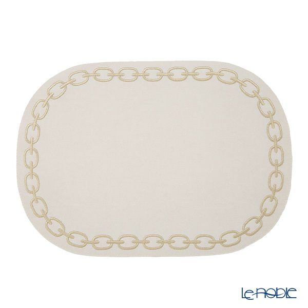 トルコ雑貨 アルテペレ チェーン プレースマット／ランチョンマット オーバル デニム調 ホワイト／シャンパン 刺繍ラメ入り 32×45cm PVC加工合皮製 撥水加工