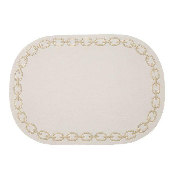 トルコ雑貨 アルテペレ チェーン プレースマット／ランチョンマット オーバル デニム調 ホワイト／シャンパン 刺繍ラメ入り 32×45cm PVC加工合皮製 撥水加工