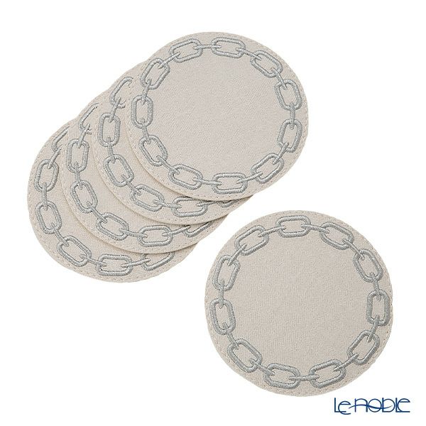 トルコ雑貨 アルテペレ チェーン コースター 11.5cm 5枚セット デニム調 ホワイト／グレー 刺繍ラメ入り PVC加工合皮製 撥水加工