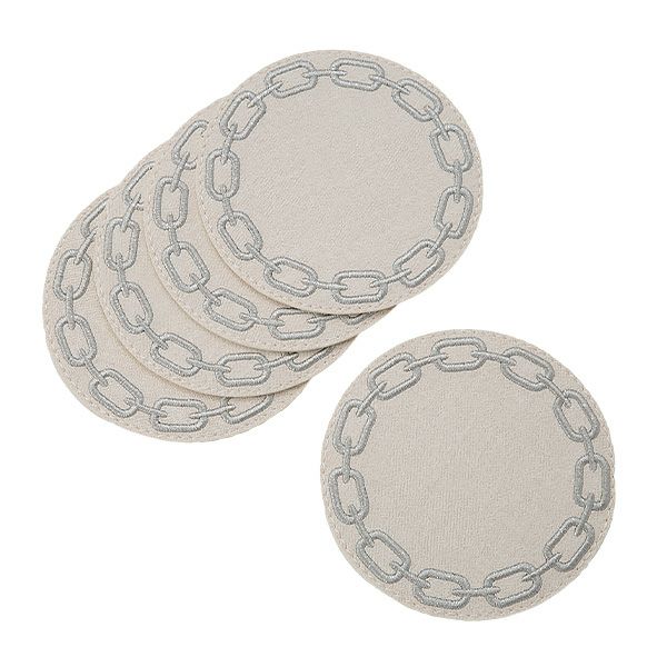 トルコ雑貨 アルテペレ チェーン コースター 11.5cm 5枚セット デニム調 ホワイト／グレー 刺繍ラメ入り PVC加工合皮製 撥水加工