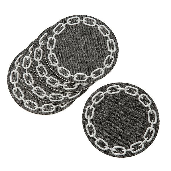 トルコ雑貨 アルテペレ チェーン コースター 11.5cm 5枚セット デニム調 グレー／ホワイト PVC加工合皮製 撥水加工