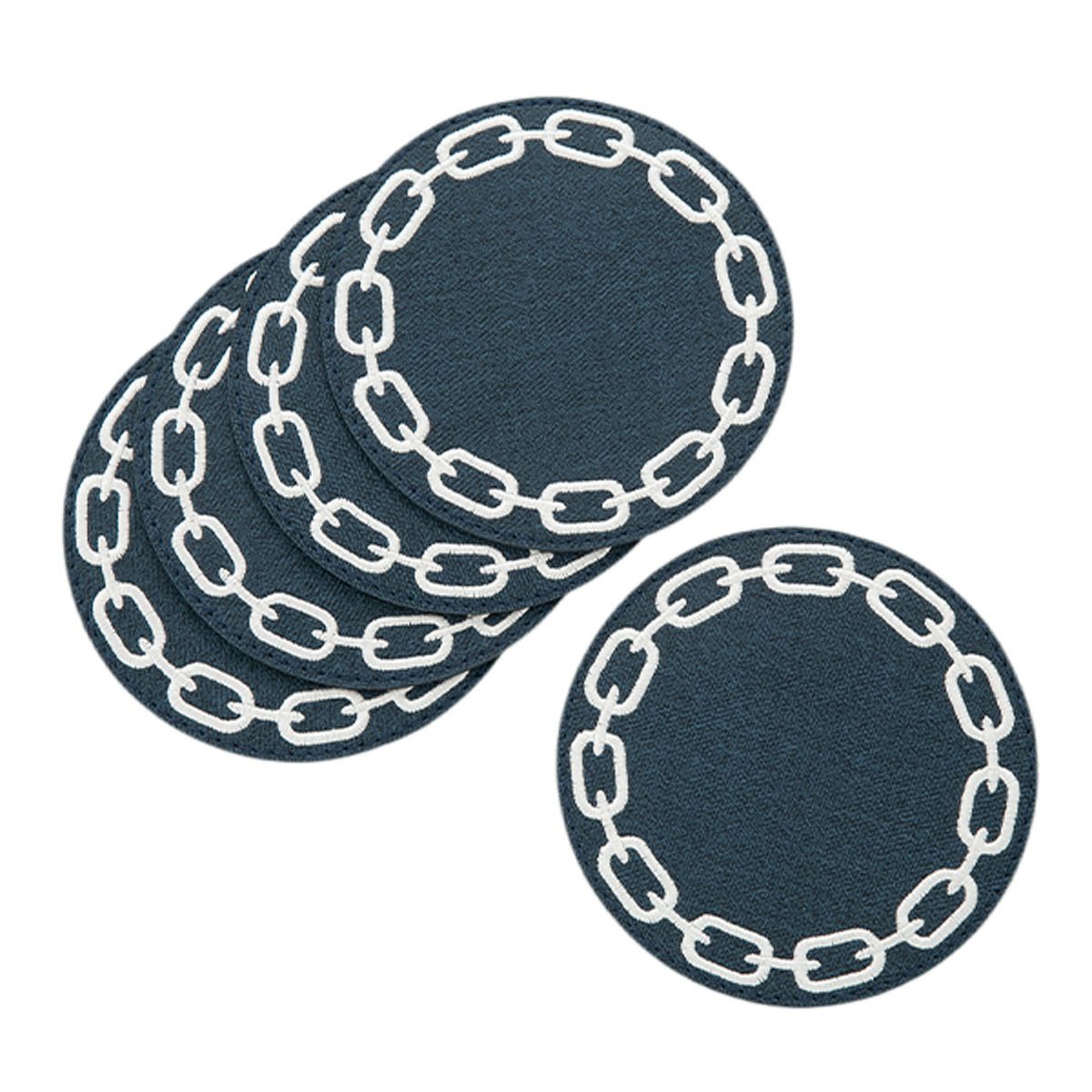 トルコ雑貨 アルテペレ チェーン コースター 11.5cm 5枚セット デニム調 ネイビー／ホワイト PVC加工合皮製 撥水加工