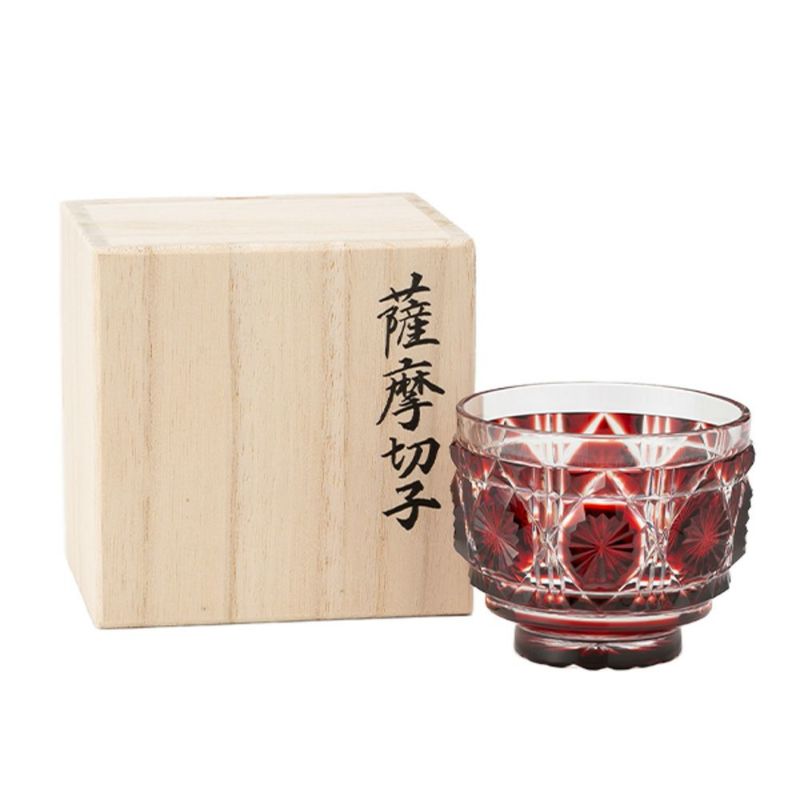 復元薩摩切子 猪口A／1103 八角籠目 銅赤