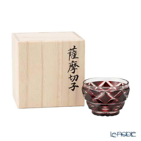 復元薩摩切子 猪口小／1403 矢来に魚子文 銅赤