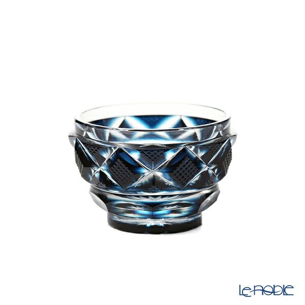 復元薩摩切子 猪口小／1406 矢来に魚子文（やらいにななこもん） 藍