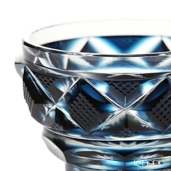 復元薩摩切子 猪口小／1406 矢来に魚子文（やらいにななこもん） 藍