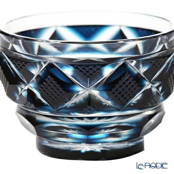 復元薩摩切子 猪口小／1406 矢来に魚子文（やらいにななこもん） 藍