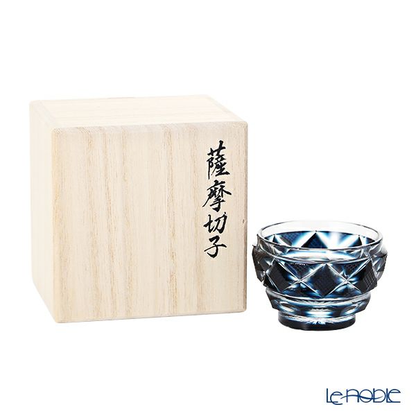 復元薩摩切子 猪口小／1406 矢来に魚子文（やらいにななこもん） 藍