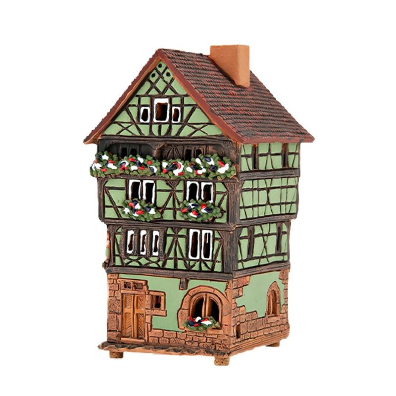 北欧リトアニア製陶器 ミデーネ MIDENE ミニチュアハウス 煙突＆香台付 フランス コルマールの家 グリーン 15cm A249AR-G