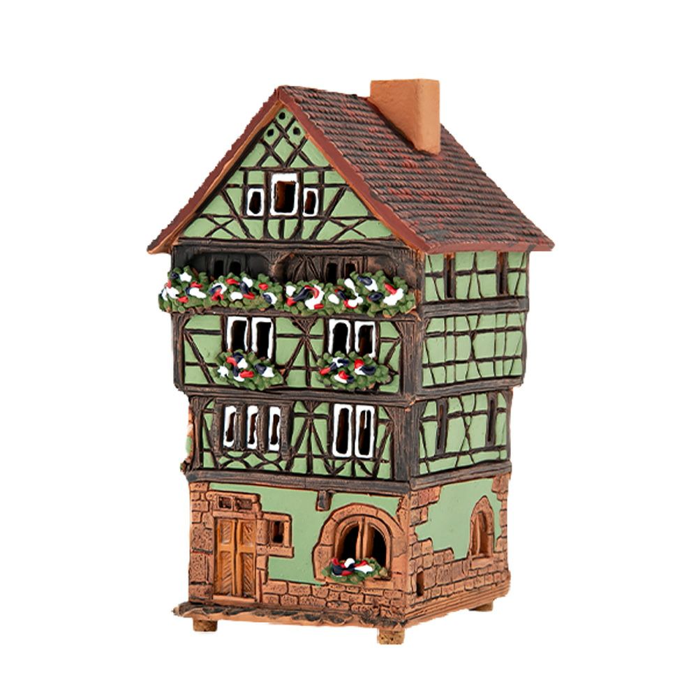 北欧リトアニア製陶器 ミデーネ MIDENE ミニチュアハウス 煙突＆香台付 フランス コルマールの家 グリーン 15cm A249AR-G