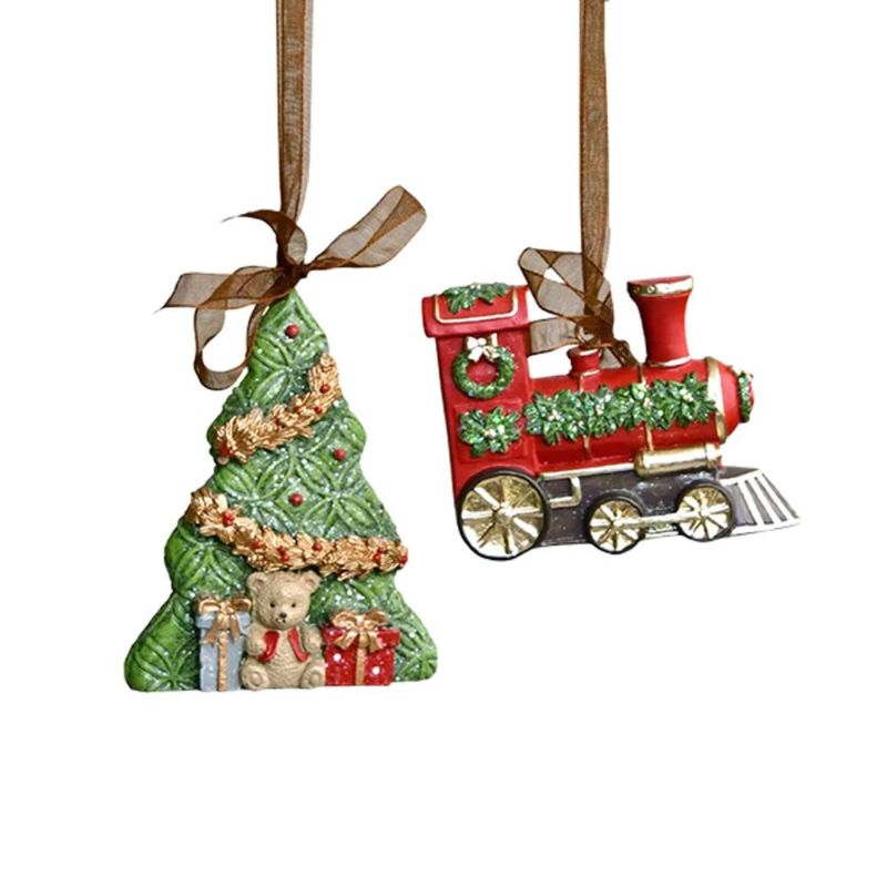 ハルモニア クリスマスオブジェ 2点セット オーナメントミニクリスマスツリー＆汽車 A2 HM-011275 ポリレジン製