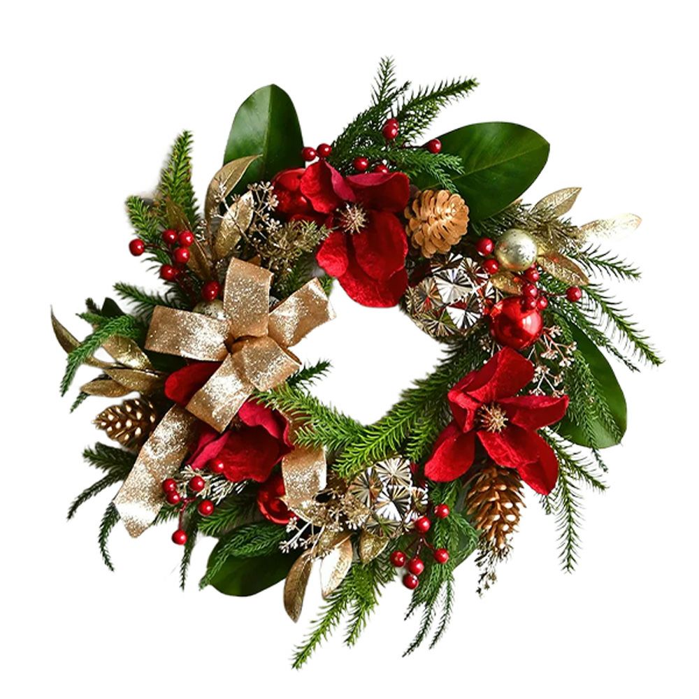 ハルモニア クリスマスオブジェ リース レッドマグノリア ゴールド リボン HM-011353 50cm