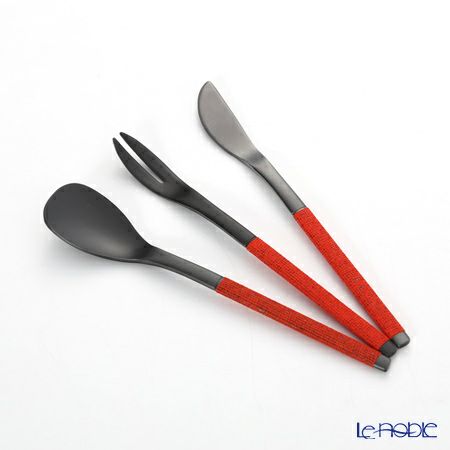 サクライ J-Tone 布着せカトラリー 紗綾 漆黒／朱 鶴田一郎デザイン 和菓子ナイフ、スプーン、フォーク 3本セット