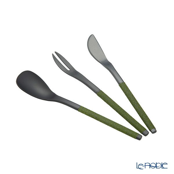 サクライ J-Tone 布着せカトラリー 紗綾 漆黒／抹茶 鶴田一郎デザイン 和菓子ナイフ、スプーン、フォーク 3本セット