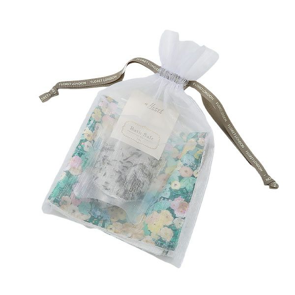 リバティプリントを使用したハンドタオル＆ハーブバスソルト50g （約2回分 不織布袋2枚入） ギフトセット D ホリーホックス GR ナチュラルラベンダーの香り 23SS