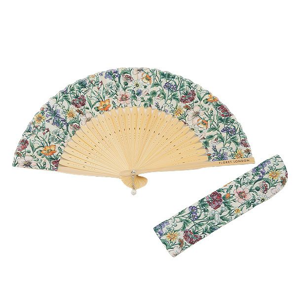 リバティプリント（LIBERTY PRINT）を使用した扇子02 レイチェルメドゥ グリーン チェコビーズチャーム付 共布扇子ケース付