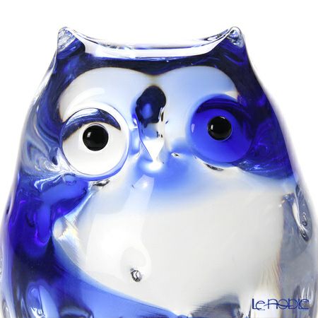 津軽びいどろ 子ふくろう F-62125 ブルー 木製台座付 9.5cm